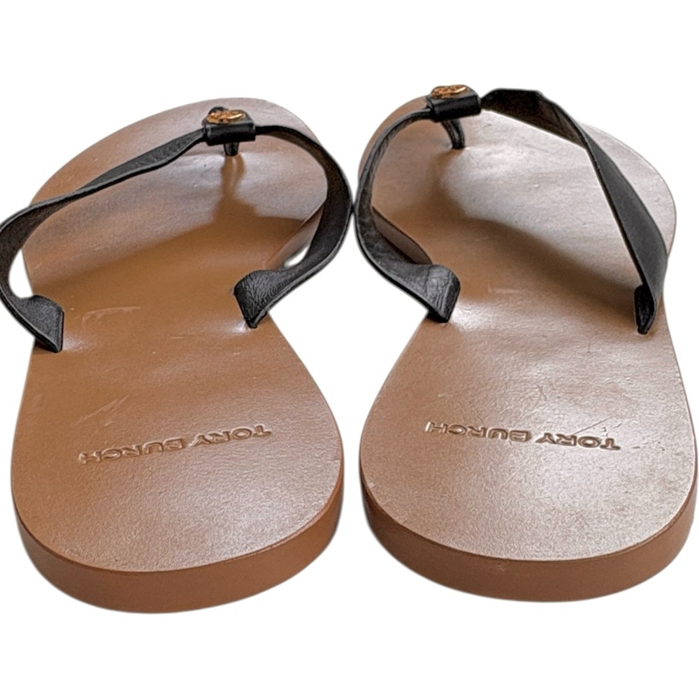 Tory Burch Black Leather Thong Sandals with Brown Footbed - Picture 6 of 7